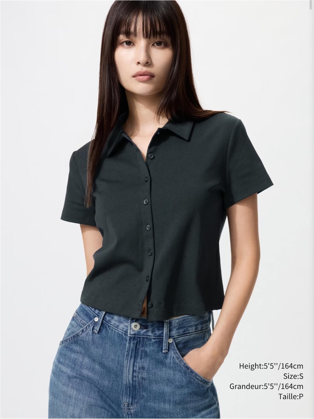 Uniqlo Black Short Sleeve Polo Button-Up Tee